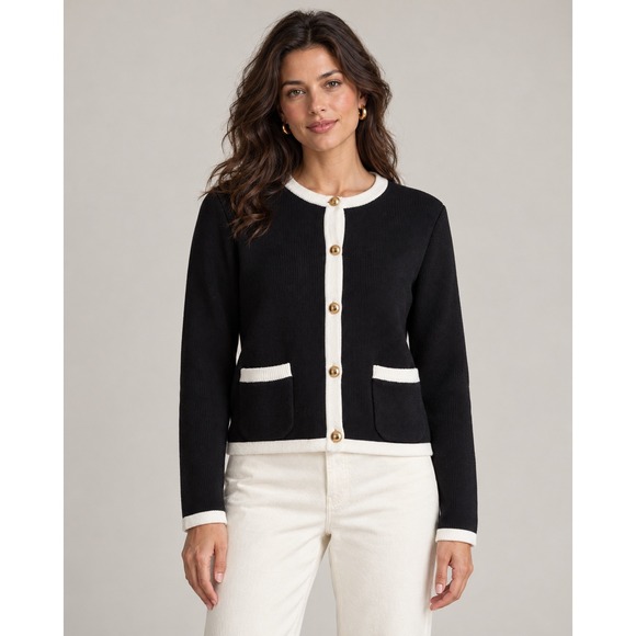 Quince Sweaters - Quince Organic Cotton Contrast Trim Cardigan Black White Gold Button Sweater L